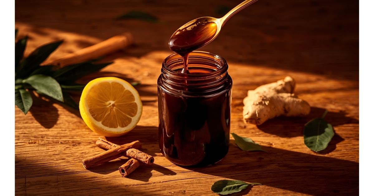 Jar of unsulfured organic blackstrap molasses with botanicals in warm morning light
