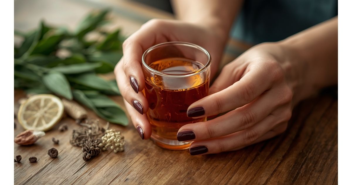 Hands holding a glass of herbal adaptogen tonic with botanical herbs on a wooden surface