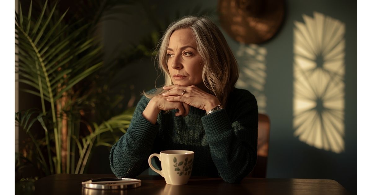 Woman sitting at kitchen table, hands wrapped around a warm mug, contemplative morning mood
