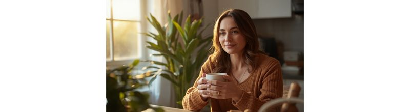 Woman at kitchen table with warm mug, contemplative morning mood