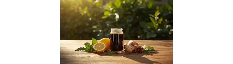 Morning molasses tonic being prepared — spoon stirring molasses into warm water with lemon and ginger
