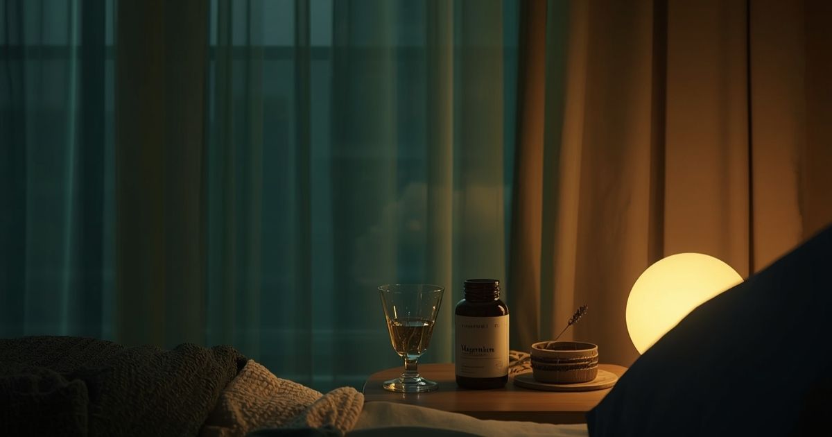 Serene bedroom nightstand at night with herbal tea, magnesium supplement and warm lamp glow