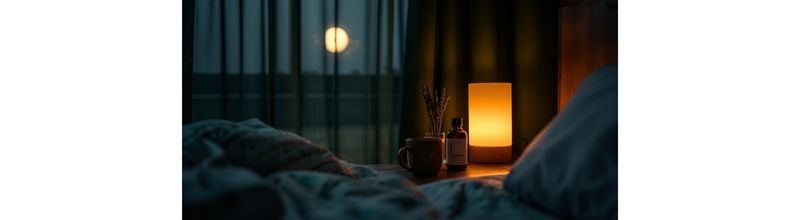 Serene bedroom nightstand scene at night